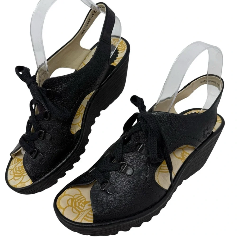 Fly London Yuta Black Leather Platform Wedge Sandals Size 40 9.5 10 Slingback
